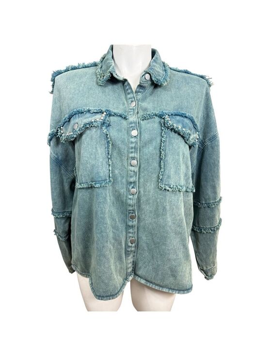 POL Jackets & Blazers - POL Frayed Denim Shacket Jacket Size L Blue Snap Front Distressed Western Style